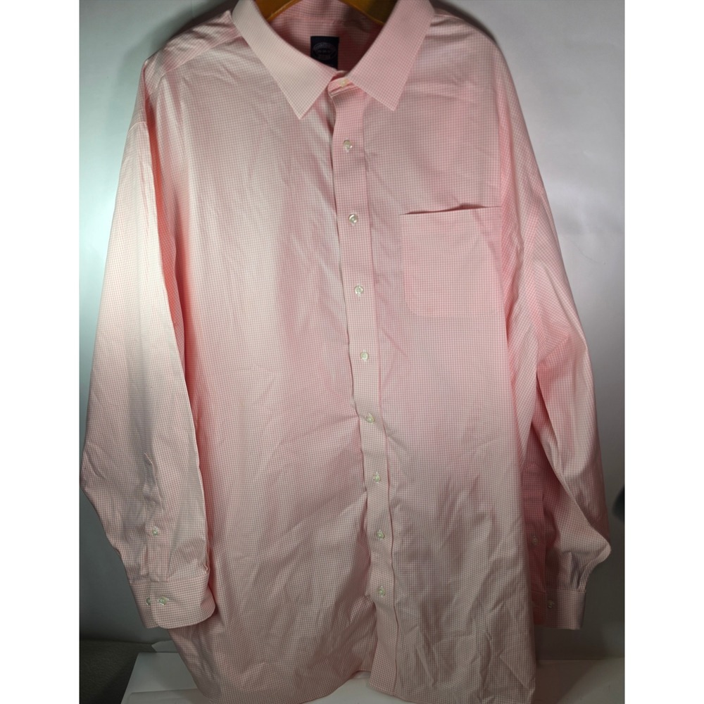 Brooks Brothers Mens 20 36/37 Pink Gingham Non Iron Supima Cotton Stretch Shirt